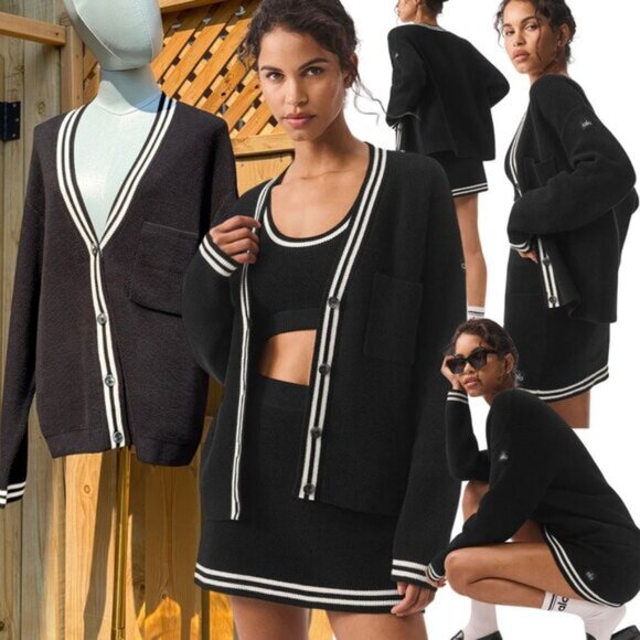 🆕 ALO YOGA 🧿 NWOT Tennis Club Sweater Knit Cardigan, Black/White - Sz S US 2-4 - Picture 1 of 16
